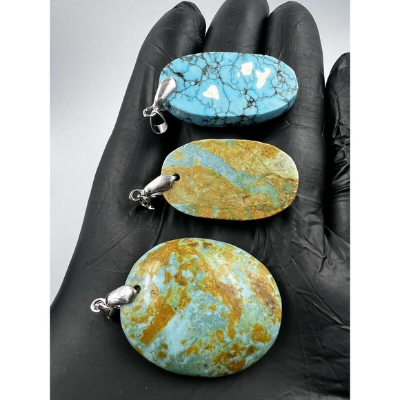 3 Natural Persian Turquoise Pendants Metal Stainless Steel Hook Bulk Lot - Picture 5 of 9